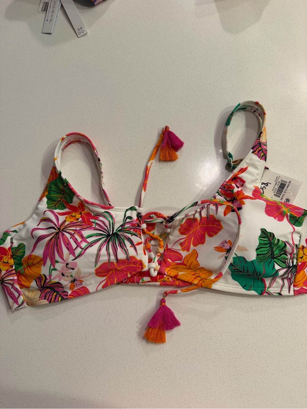Bar III White Bikini Top with Pink, Green and Orange Floral Accents